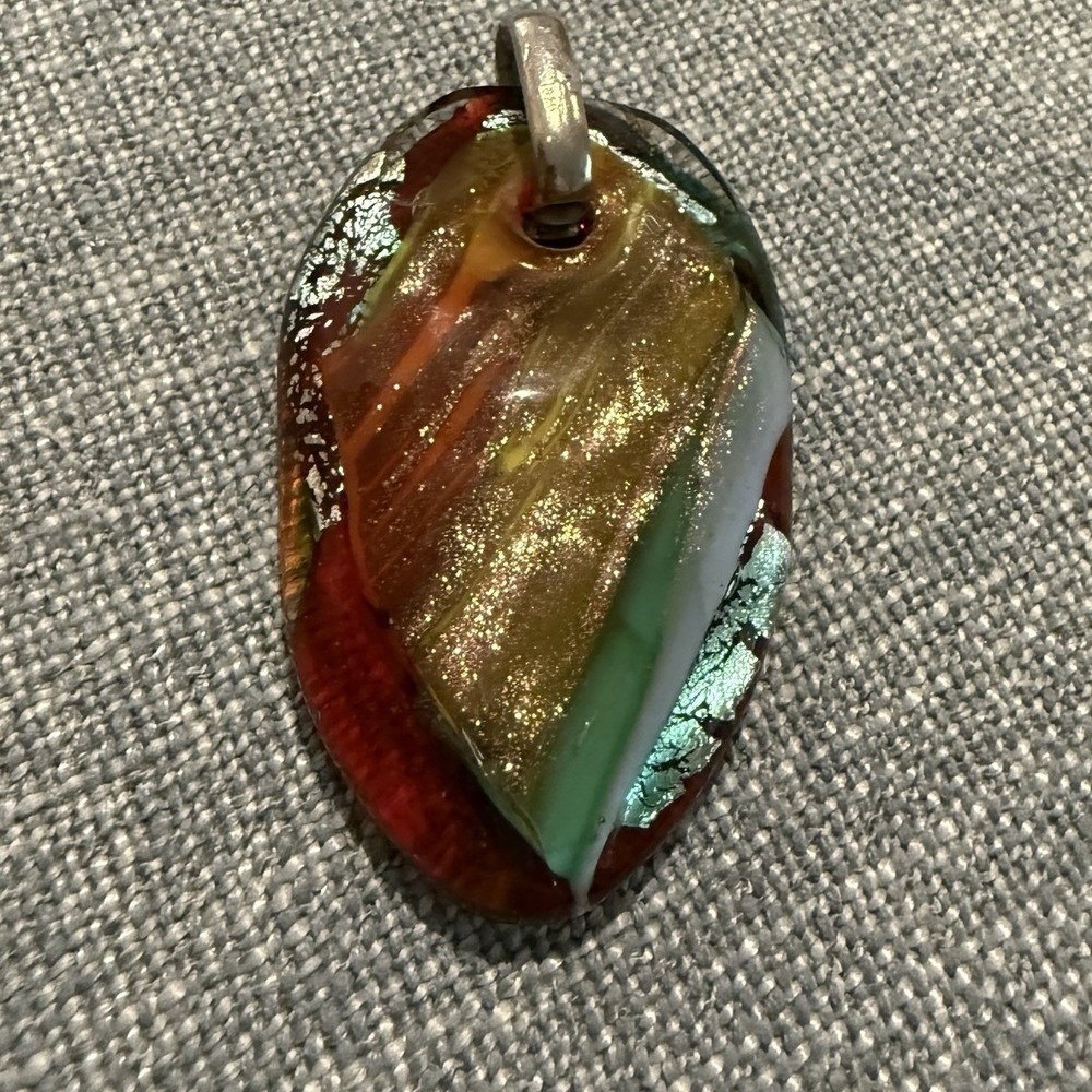 Large Handmade Dichroic Glass Pendant Browns Greens Silver On Bail